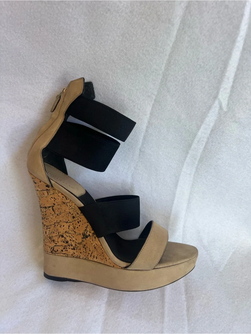 Donna Karan Beige and Black Cork Wedge Sandal